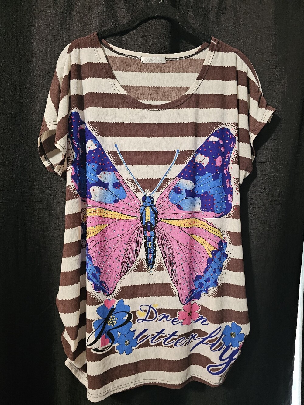 Julia Striped Short-Sleeve Butterfly Graphic Tee  Brown, Pink & Blue S/M